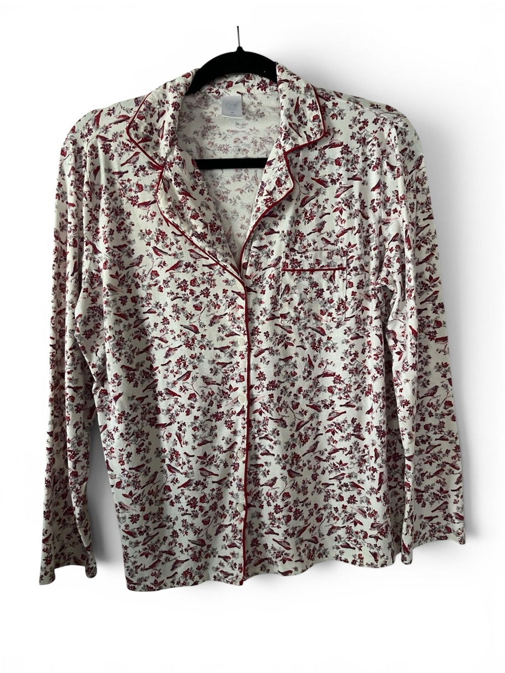 Adonna Sleepwear SzM Birds and Floral Button-Up Pajama Top Red, White, Gray